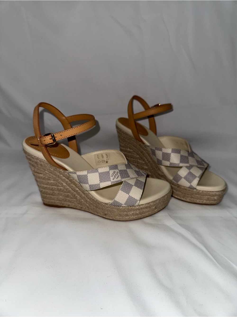 Louis Vuitton Cream Checkered Espadrille Wedge Sandals with Tan Ankle Straps